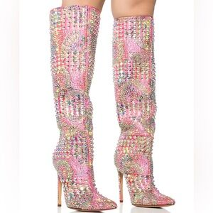 AZALEA WANG Pink Floral Embroidered Brocade Rhinestone Boots